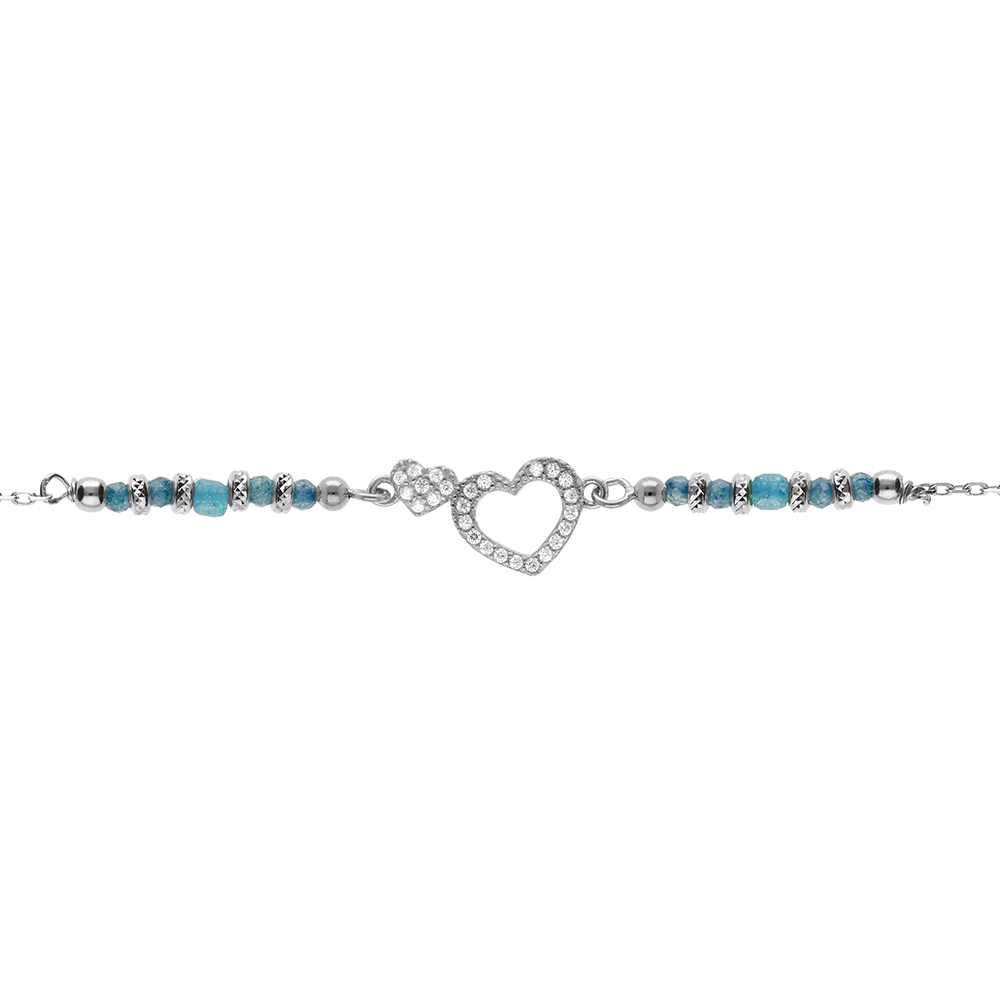 Bracelet en argent rhodi� coeur avec contour d\'oxydes blancs sertis avec verre bleu - 16+3cm - Vue 1