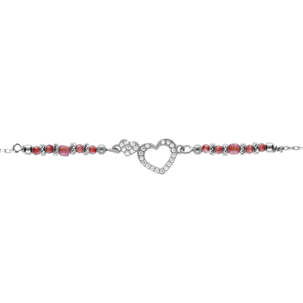 Bracelet en argent rhodi� coeur avec contour d\'oxydes blancs sertis avec verre rouge -16+3cm - Vue 1