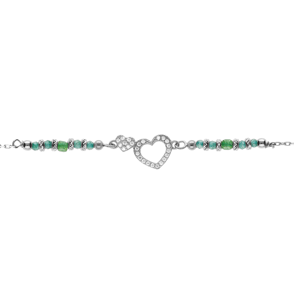 Bracelet en argent rhodi� coeur avec contour d\'oxydes blancs sertis avec verre vert - 16+3cm - Vue 1