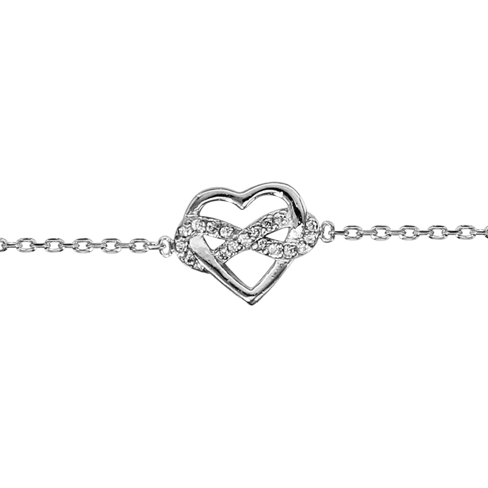Bracelet en argent rhodi� coeur et infini oxydes blancs sertis 16cm + 2cm - Vue 1