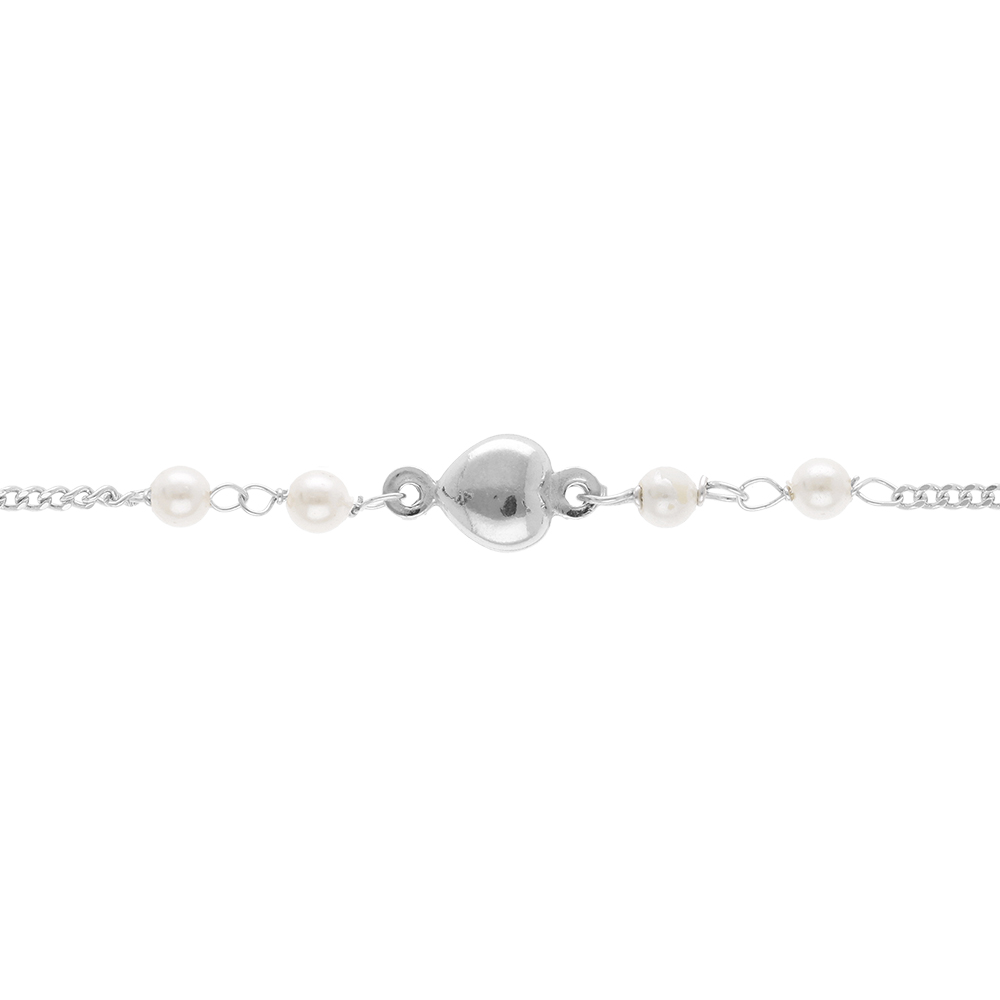 Bracelet en argent rhodi� coeur et perle blanche imitation diamant�es -16+3cm - Vue 1