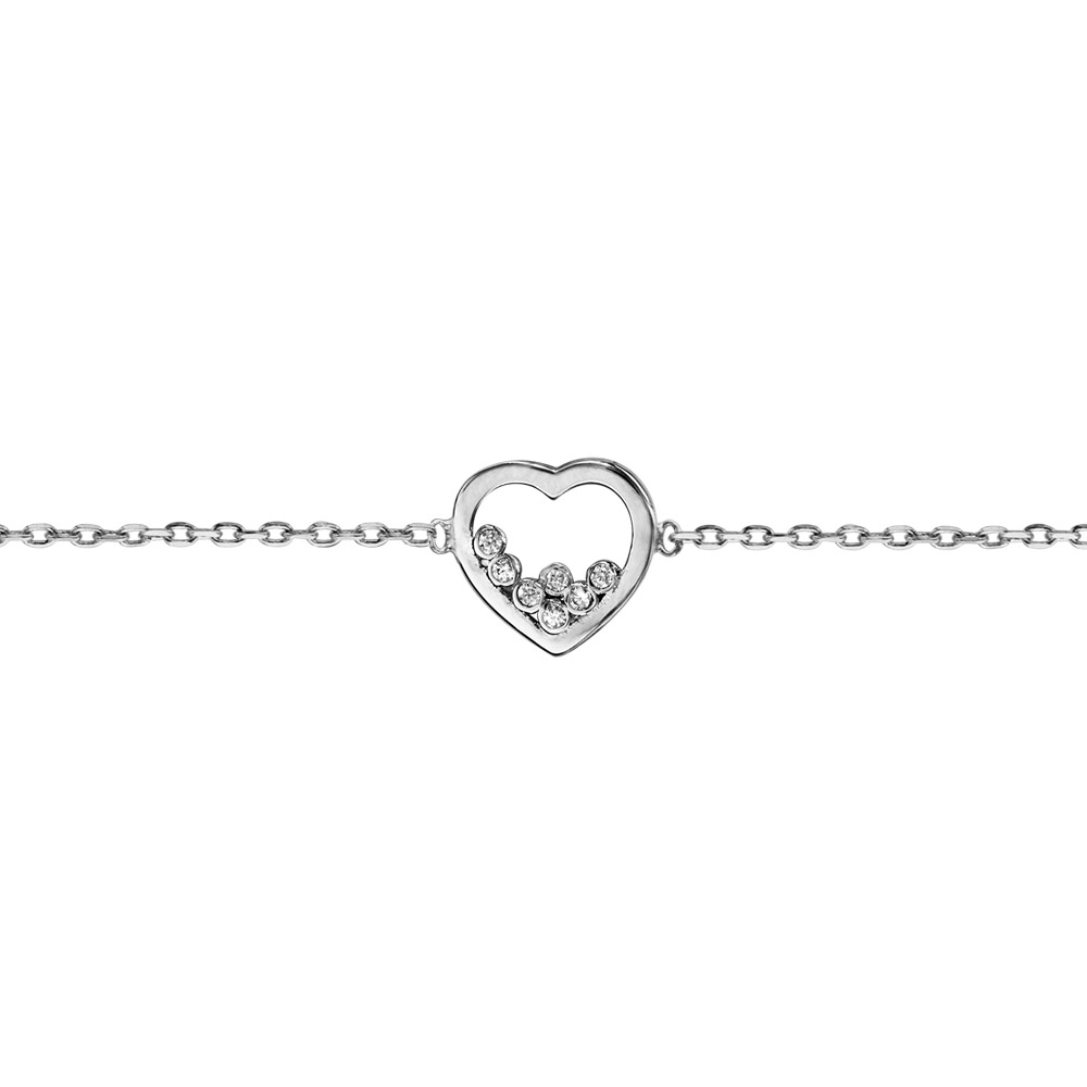 Bracelet en argent rhodi� coeur 7 oxydes blancs sertis 16cm + 2cm - Vue 1