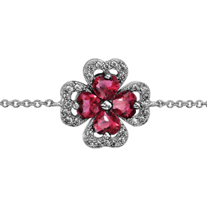 Bracelet en argent rhodi collection joaillerie chane avec au milieu trfle  4 feuilles en oxydes rouges avec contours en oxydes blancs sertis - longueur 16cm + 2cm de rallonge - Vue 1