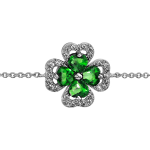 Bracelet en argent rhodi collection joaillerie chane avec au milieu trfle  4 feuilles en oxydes verts avec contours en oxydes blancs sertis - longueur 16cm + 2cm de rallongem - Vue 1