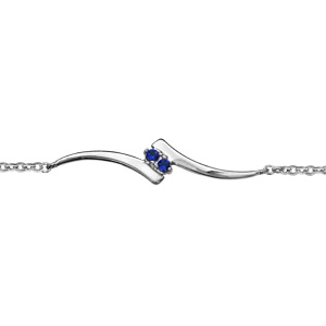 Bracelet en argent rhodi collection joaillerie chane avec au milieu 2 virgules lisses qui se rejoignent et 2 oxydes bleus au milieu - longueur 16cm + 2cm de rallonge - Vue 1