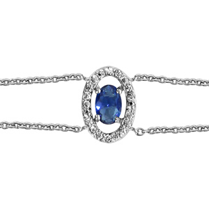 Bracelet en argent rhodi collection joaillerie chane double avec au milieu 1 oxyde ovale bleu et entourage d\'oxydes blancs sertis - longueur 16cm + 2cm de rallonge - Vue 1