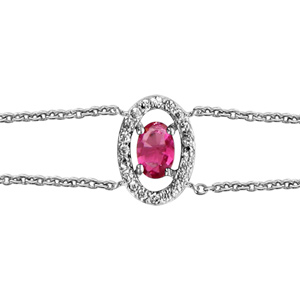 Bracelet en argent rhodi collection joaillerie chane double avec au milieu 1 oxyde ovale fucshia et entourage d\'oxydes blancs sertis - longueur 16cm + 2cm de rallonge - Vue 1