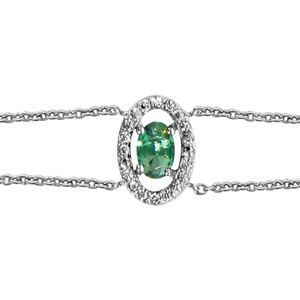 Bracelet en argent rhodi collection joaillerie chane double avec au milieu 1 oxyde ovale vert et entourage d\'oxydes blancs sertis - longueur 16cm + 2cm de rallonge - Vue 1