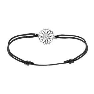 Bracelet en argent rhodi� cordon coulissant noir avec fleur de tournesol
