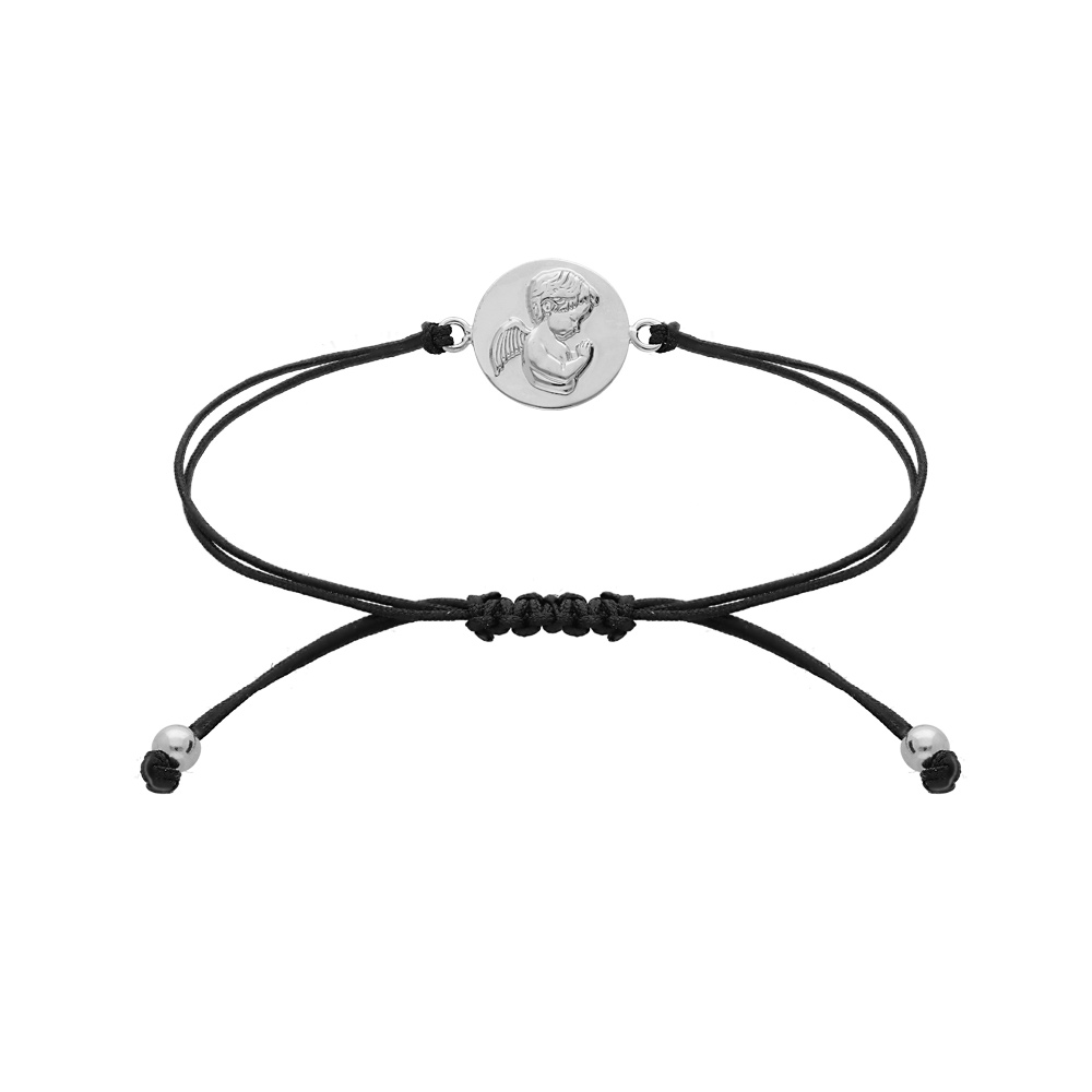 Bracelet en argent rhodi� cordon coulissant noir avec pastille motif Angelot - Vue 1