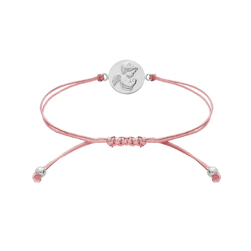 Bracelet en argent rhodi� cordon coulissant rose avecpastille motif Angelot - Vue 1