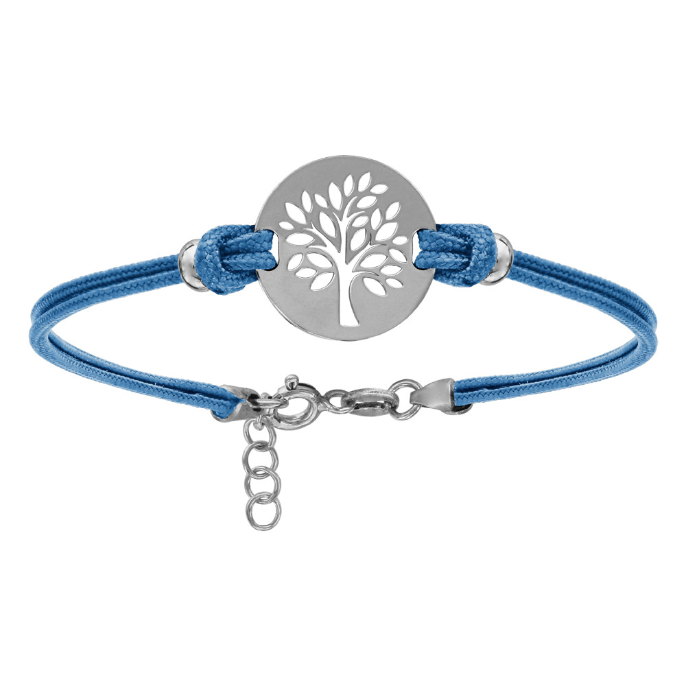 Bracelet en argent rhodi� cordon double bleu ciel interchangeable avec pastille arbre de vie 16+3cm - Vue 1