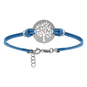 Bracelet en argent rhodié cordon double bleu ciel interchangeable avec pastille arbre de vie 16+3cm - Vue 1