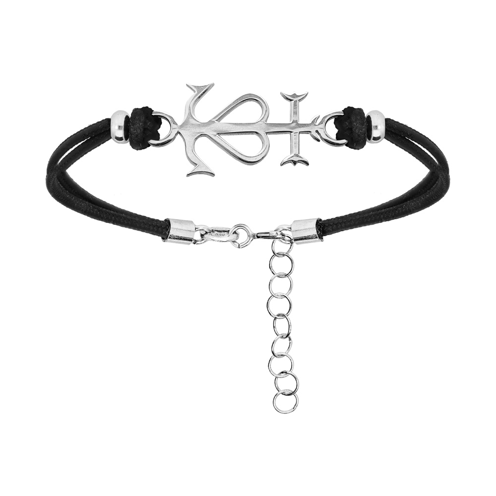 Bracelet en argent rhodi� cordon doubl� noir avec croix camarguaise 16+3cm - Symbole de la Camargue - Vue 1