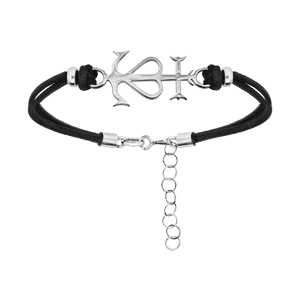 Bracelet en argent rhodi cordon doubl noir avec croix camarguaise 16+3cm - Symbole de la Camargue