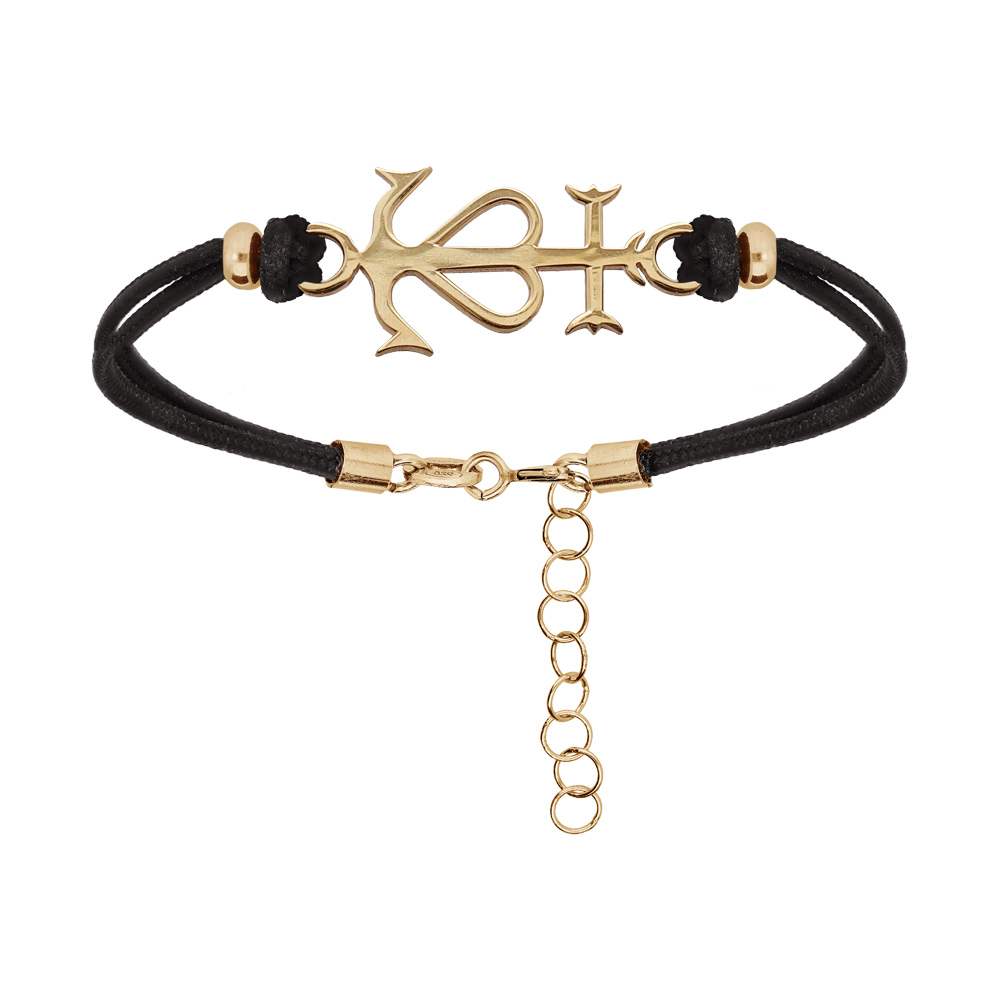 Bracelet en argent rhodi� cordon doubl� noir avec croix camarguaise en dorure jaune 16+3cm - Symbole de la Camargue - Vue 1