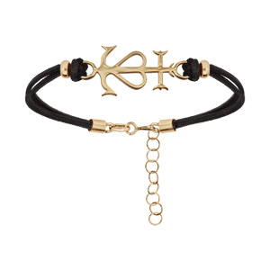 Bracelet en argent rhodi� cordon doubl� noir avec croix camarguaise en dorure jaune 16+3cm - Symbole de la Camargue