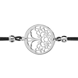 Bracelet en argent rhodi cordon doubl noir avec rond dcoup en arbre de vie  l\'intrieur - longueur 16cm + 3cm de rallonge - Vue 1