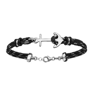 Bracelet en argent rhodié cordon doublé noir finement moucheté gris avec ancre de marine au milieu - longueur 18cm + 4cm de rallonge - Vue 1