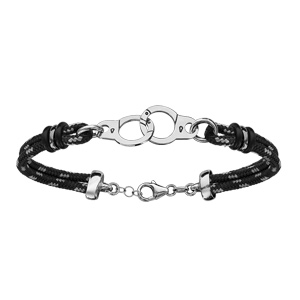 Bracelet en argent rhodié cordon doublé noir finement moucheté gris avec menottes au milieu - longueur 18cm + 4cm de rallonge - Vue 1