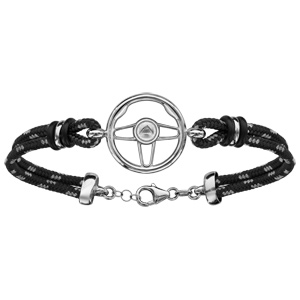 Bracelet en argent rhodié cordon doublé noir finement moucheté gris avec volant de voiture au milieu - longueur 18cm + 4cm de rallonge - Vue 1