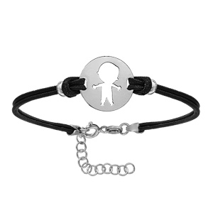 Bracelet en argent rhodié cordon doublé noir interchangeable avec plaque ronde avec 1 petit garçon découpé - longueur 14cm + 3cm de rallonge - Vue 1