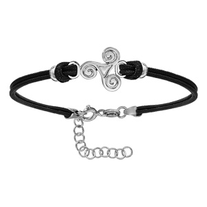 Bracelet en argent rhodié cordon doublé noir interchangeable avec triskel au milieu - longueur 14cm + 3cm de rallonge - Vue 1