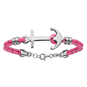 Bracelet en argent rhodié cordon doublé rose finement moucheté bleu clair et noir avec ancre de marine au milieu - longueur 16cm + 4cm de rallonge - Vue 1