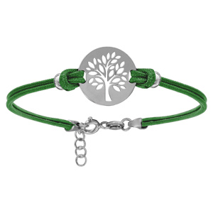 Bracelet en argent rhodi cordon double vert interchangeable avec pastille arbre de vie 16+3cm - Vue 1