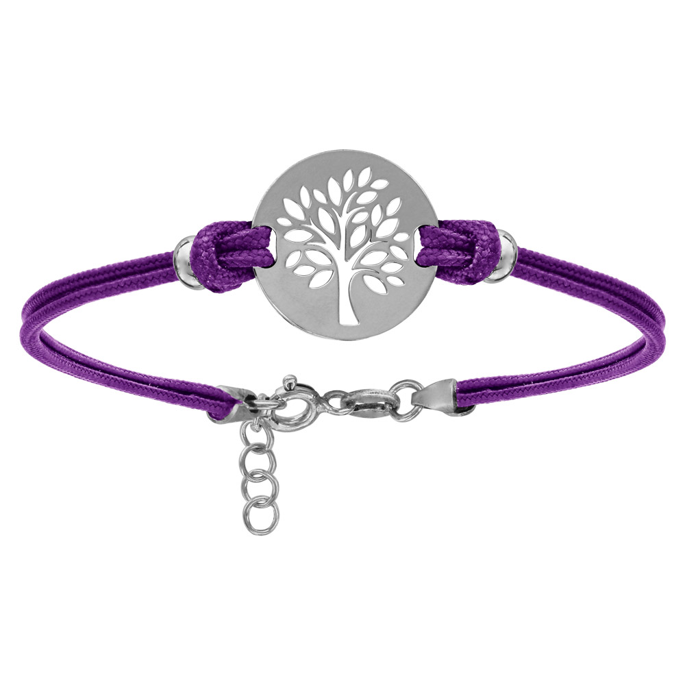 Bracelet en argent rhodi� cordon double violet interchangeable avec pastille arbre de vie 16+3cm - Vue 1