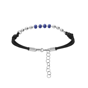 Bracelet en argent rhodi cordon noir avec boules bleues 16+3cm - Vue 1