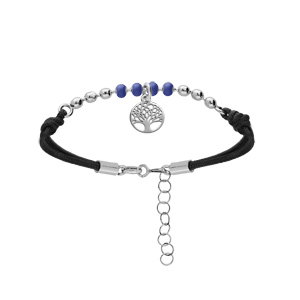 Bracelet en argent rhodi cordon noir avec boules bleues et pampille arbre de vie 16+3cm - Vue 1
