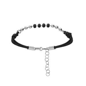 Bracelet en argent rhodi cordon noir avec boules noires 16+3cm - Vue 1