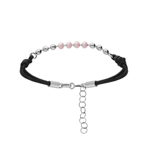 Bracelet en argent rhodi cordon noir avec boules roses 16+3cm - Vue 1