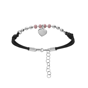 Bracelet en argent rhodi cordon noir avec boules roses et pampille coeur 16+3cm - Vue 1