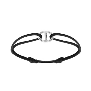 Bracelet en argent rhodi cordon noir coulisant avec maille marine 12 x 8mm - Vue 1