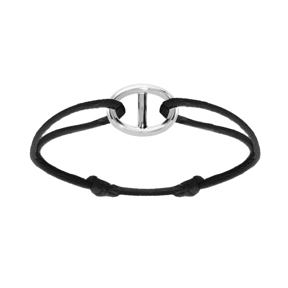 Bracelet en argent rhodi� cordon noir coulisant avec maille marine 13 x 18mm - Vue 1