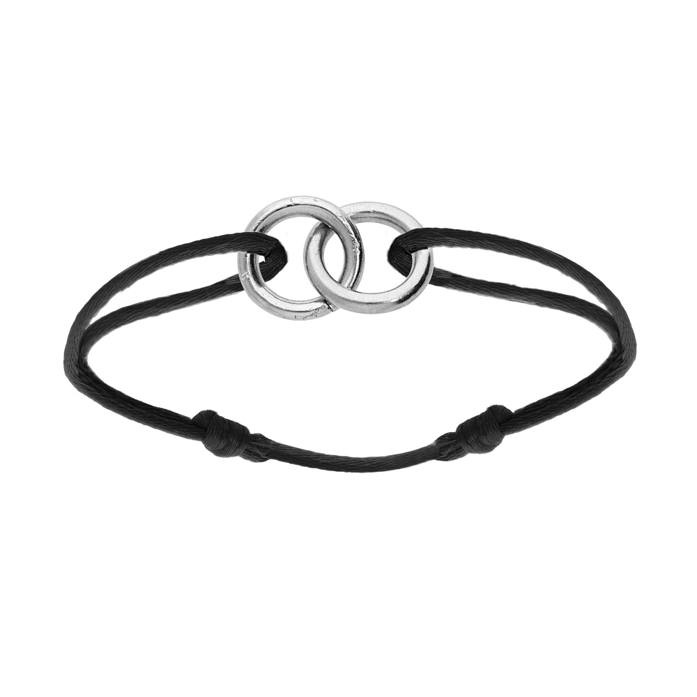 Bracelet en argent rhodi� cordon noir coulisant avec motif 2 anneaux entrelac� 10 x 10mm - Vue 1