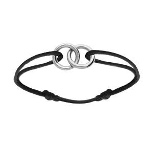Bracelet en argent rhodi cordon noir coulisant avec motif 2 anneaux entrelac 10 x 10mm - Vue 1