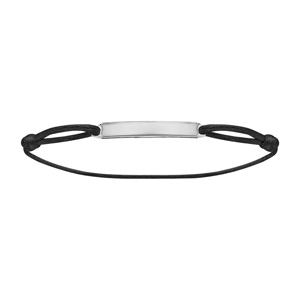 Bracelet en argent rhodi cordon noir coulissant avec plaque rectangulaire longue au milieu - Vue 1