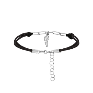 Bracelet en argent rhodi cordon noir maille rectangulaire et pampille aile 16+3cm - Vue 1