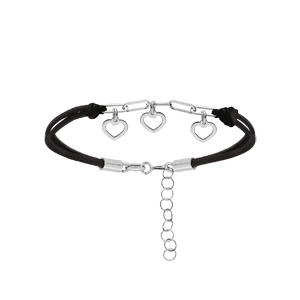 Bracelet en argent rhodi cordon noir maille rectangulaire et pampilles coeurs 16+3cm - Vue 1