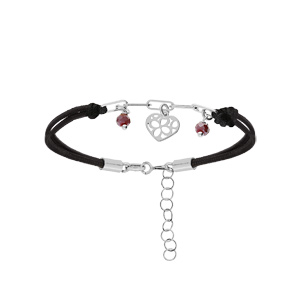 Bracelet en argent rhodi cordon noir maille rectangulaire et pampilles coeurs et pierres violettes 16+3cm - Vue 1