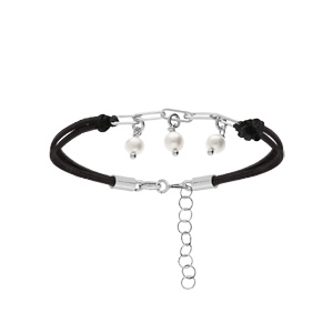 Bracelet en argent rhodi cordon noir pampille 3 perles blanches de synthse 16+3cm - Vue 1