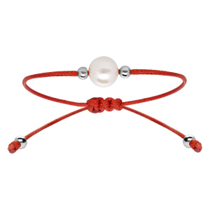 Bracelet en argent rhodi cordon rglable rouge avec perle d\'eau douce - Vue 1