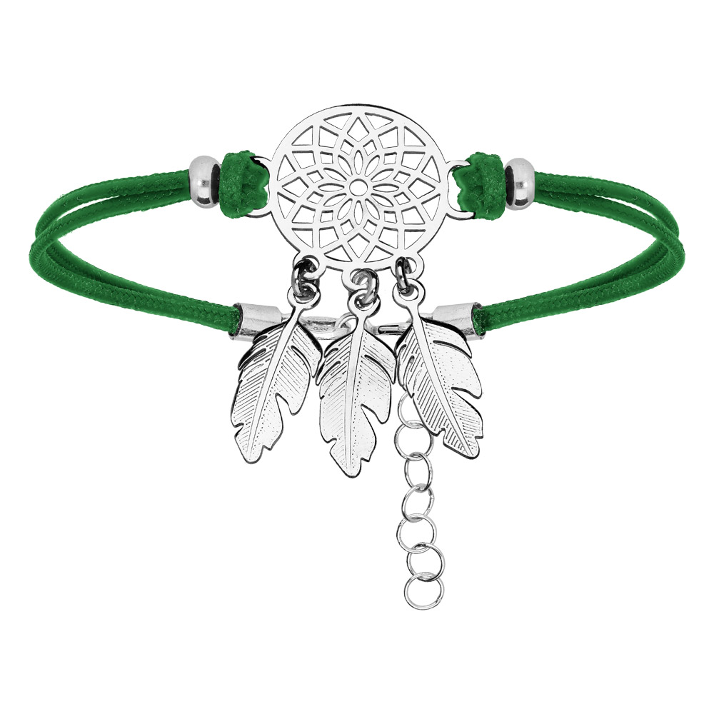 Bracelet en argent rhodi� cordon vert et attrape r�ve 16+3cm - Vue 1