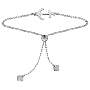 Bracelet en argent rhodié coulissant chaîne boule ancre marine - Vue 1