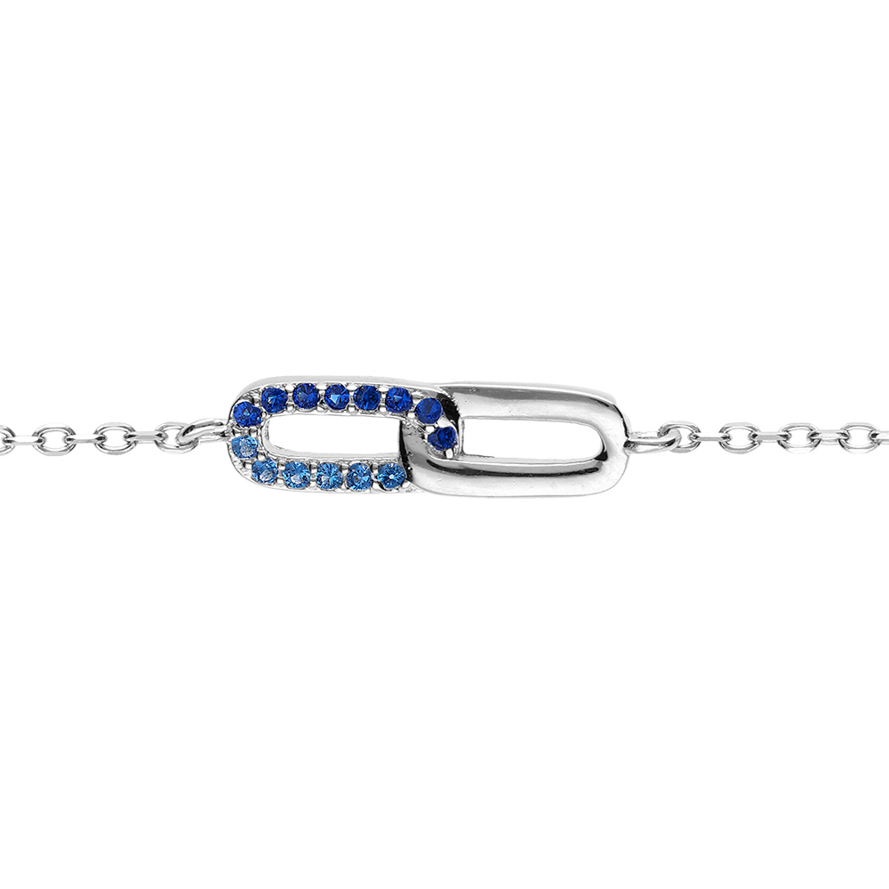 Bracelet en argent rhodi� deux  rectangles entrelac�s un lisse u, avec oxydes bleus sertis - 16+2cm - Vue 1