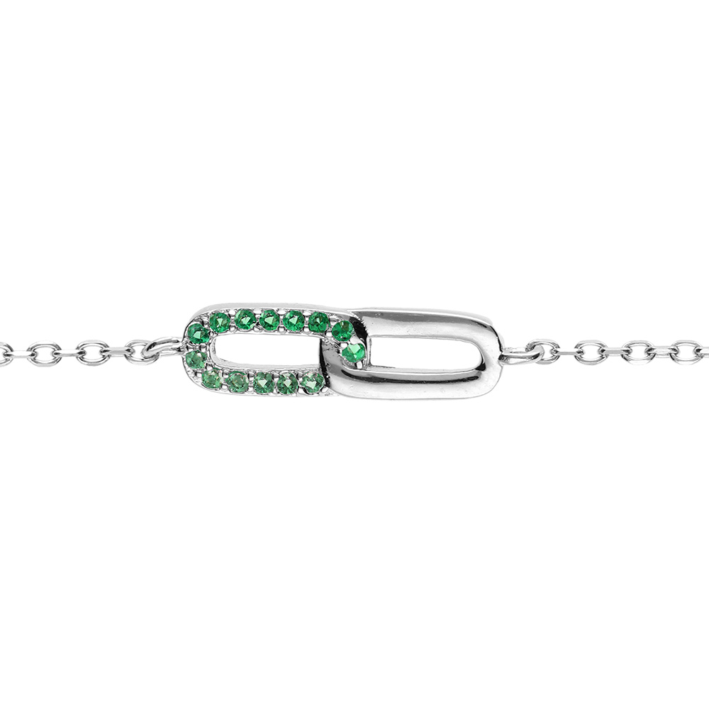 Bracelet en argent rhodi� deux  rectangles entrelac�s un lisse u, avec oxydes verts sertis - 16+2cm - Vue 1