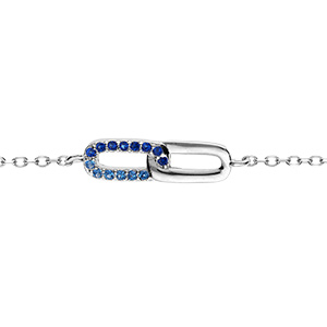 Bracelet en argent rhodi� deux  rectangles entrelac�s un lisse un avec oxydes bleus sertis - 16+2cm